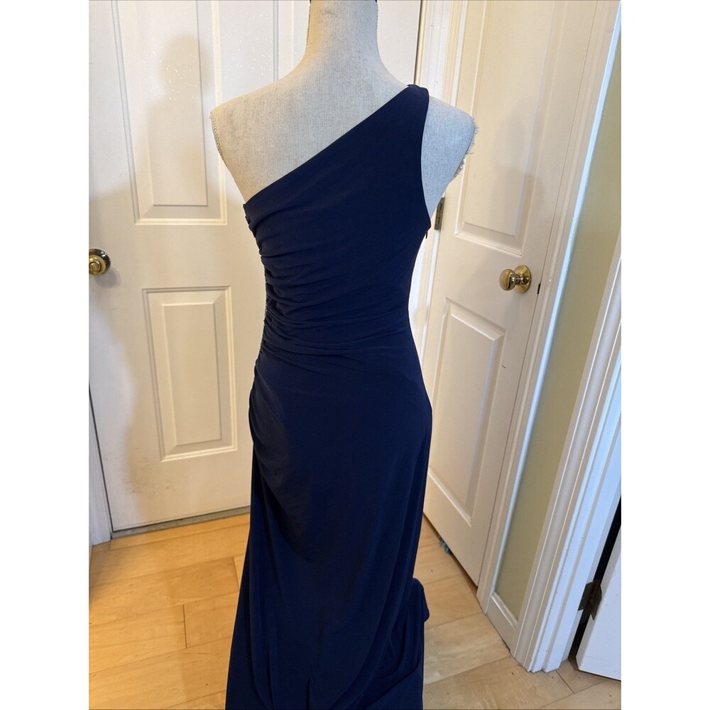NAVY BLUE BEAUTY Laundry By Shelli Segal Long Spandex One Shoulder Gown Size 10 - Picture 3 of 8